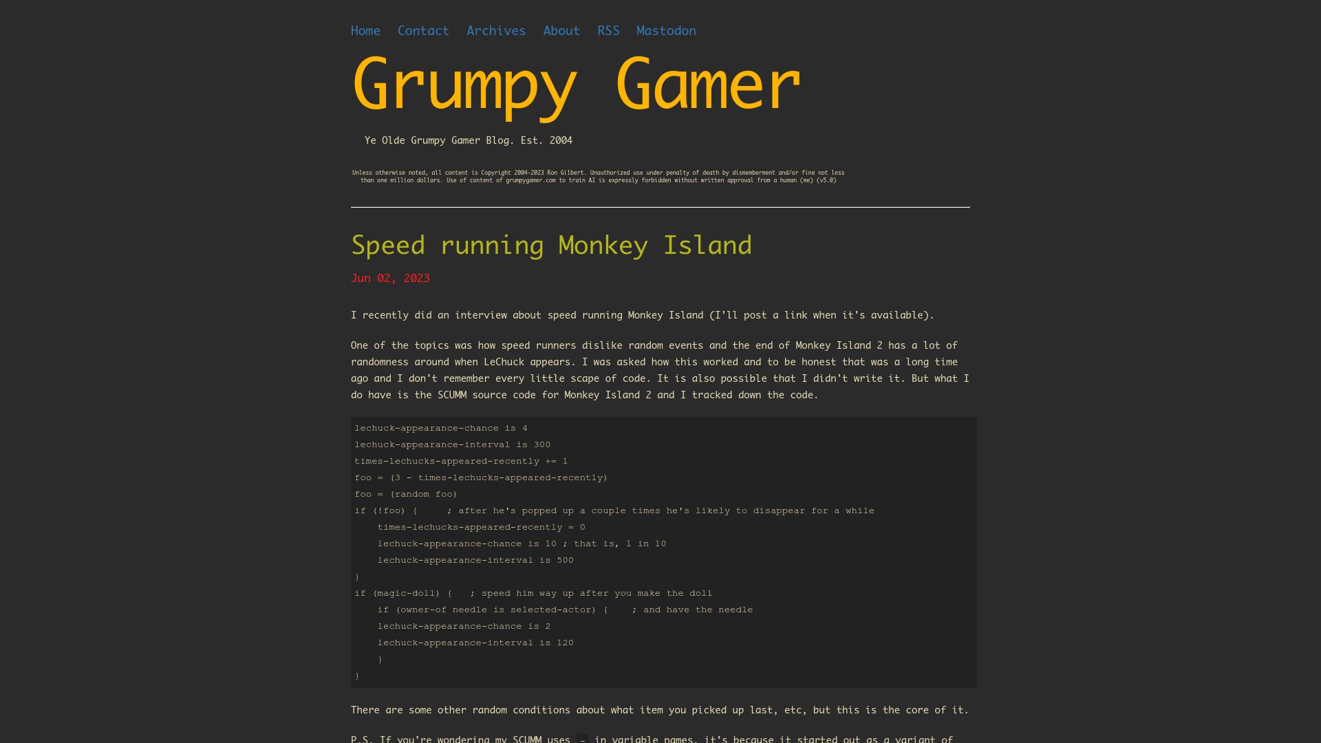 Screenshot of grumpygamer.com: Speed running Monkey Island