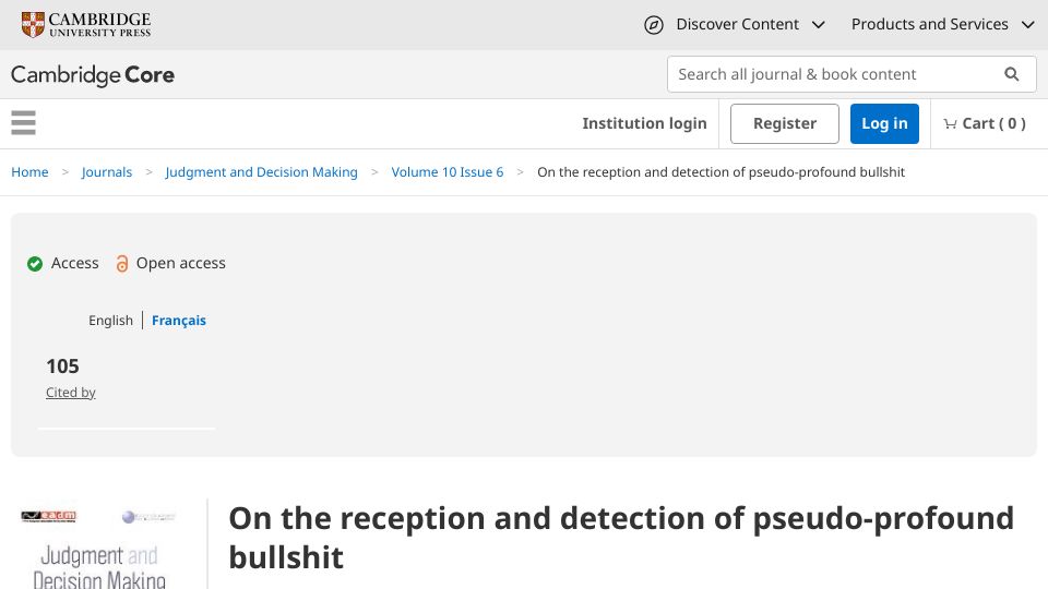 Screenshot of cambridge.org: On the reception and detection of pseudo-profound bullshit