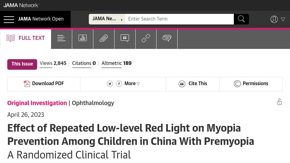 Screenshot of jamanetwork.com: Effect of repeated low-level red light on myopia prevention