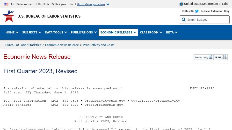 Screenshot of bls.gov: 2022Q4 real compensation revised downward to -4.7% from +0.7%