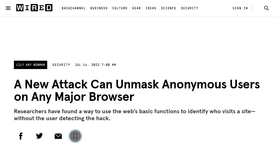 Screenshot of wired.com: A new attack can unmask anonymous users on any major browser (2022)