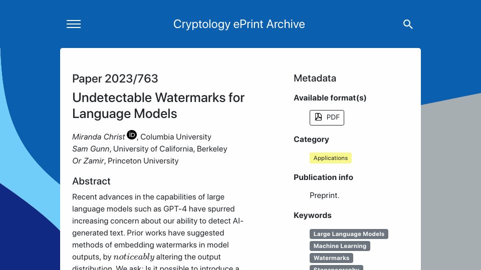 Screenshot of eprint.iacr.org: Undetectable Watermarks for Language Models