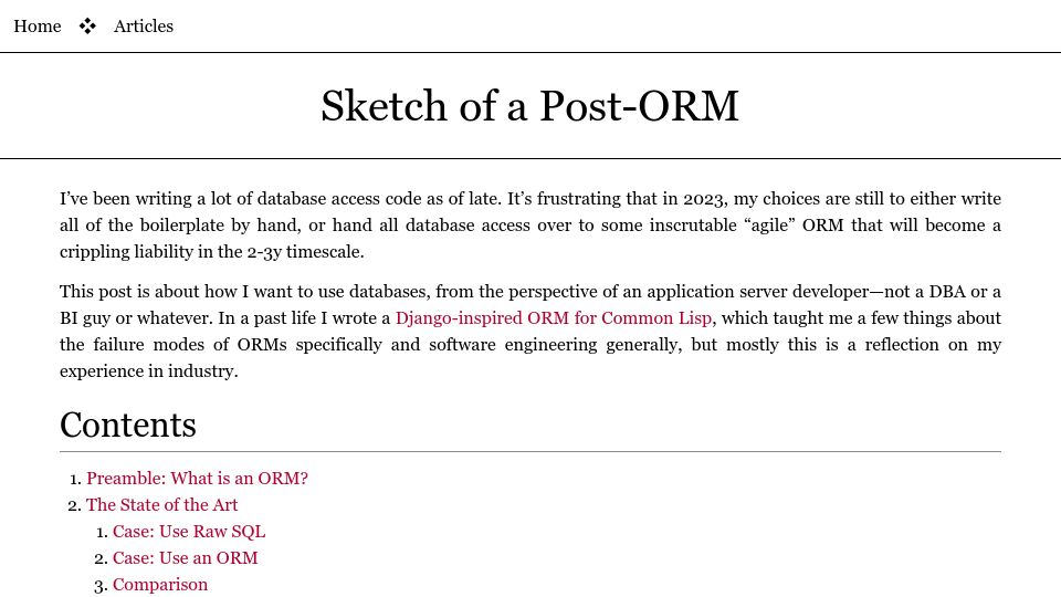 Screenshot of borretti.me: Sketch of a Post-ORM