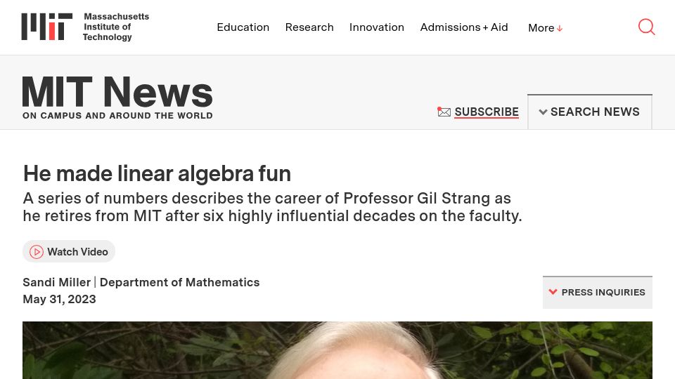 Screenshot of news.mit.edu: He made linear algebra fun