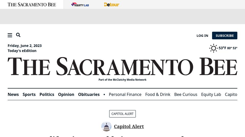 Screenshot of sacbee.com: California Assembly votes to pass the Journalism Preservation Act
