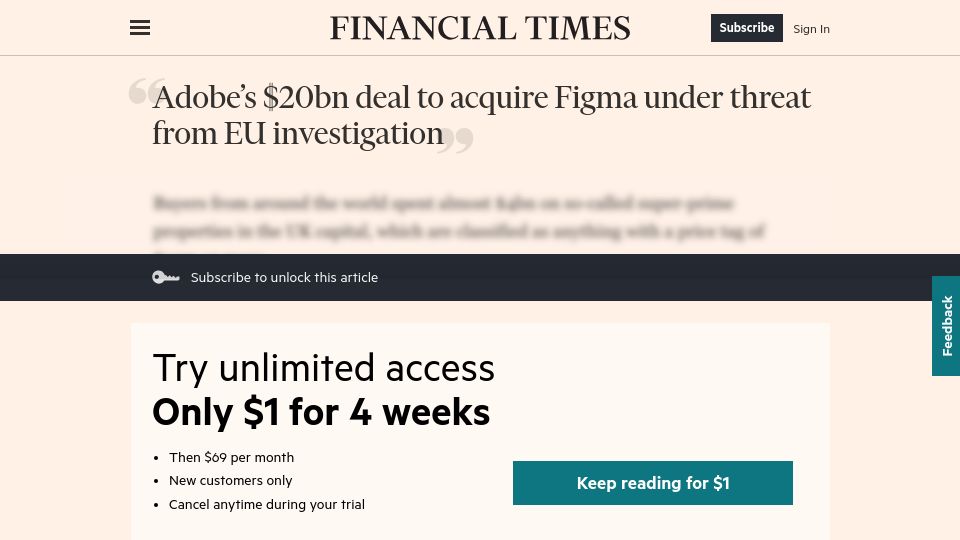 Screenshot of ft.com: Adobe’s $20B deal to acquire Figma under threat from EU investigation
