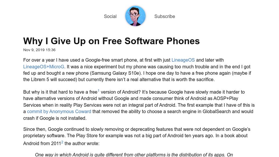 Screenshot of yotam.net: I give up on free software phones (2019)