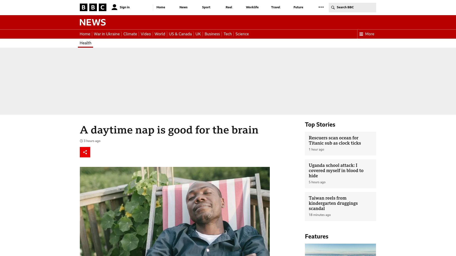 Screenshot of bbc.com: A daytime nap is good for the brain