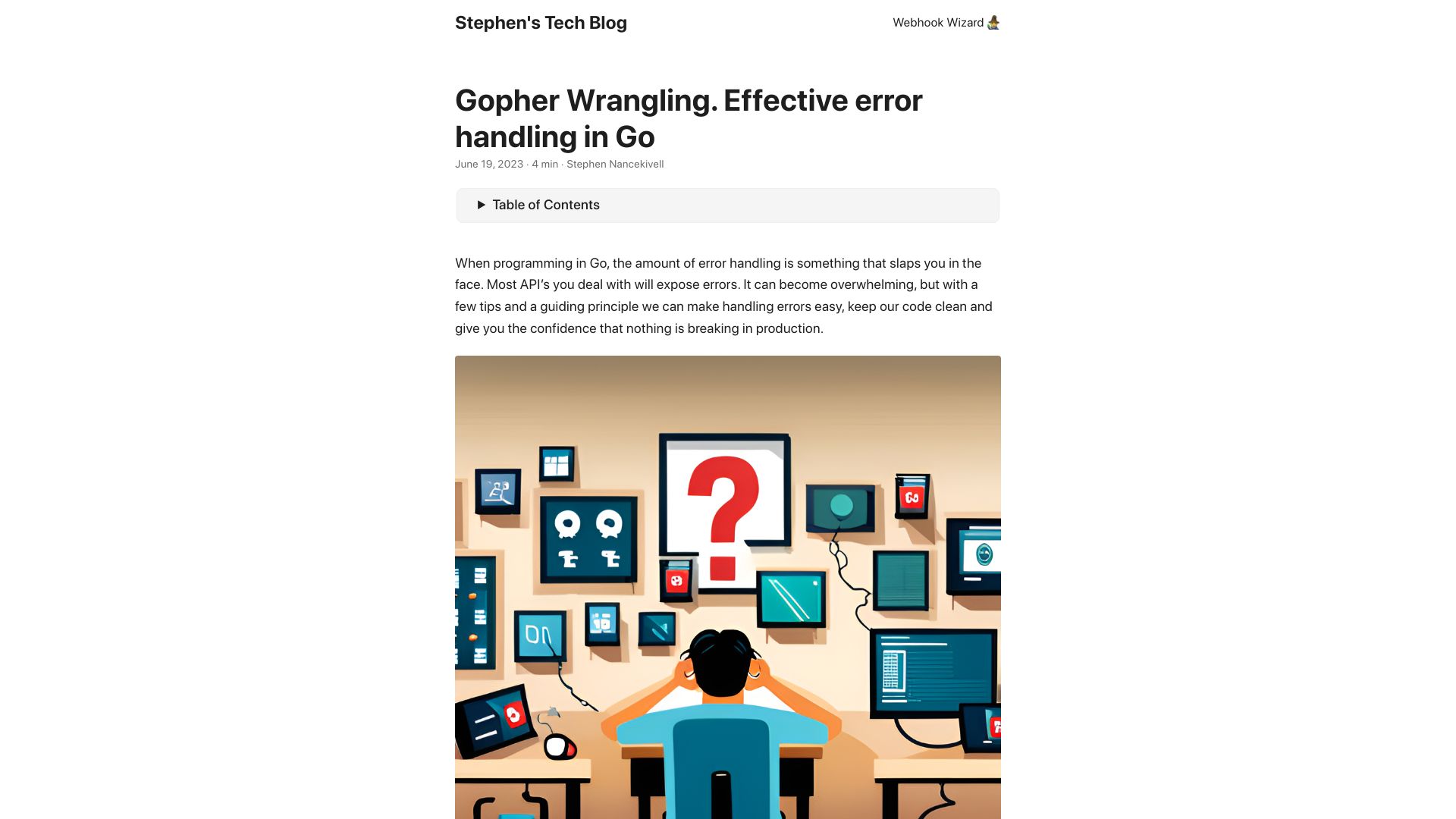 Screenshot of stephenn.com: Gopher Wrangling: Effective error handling in Go