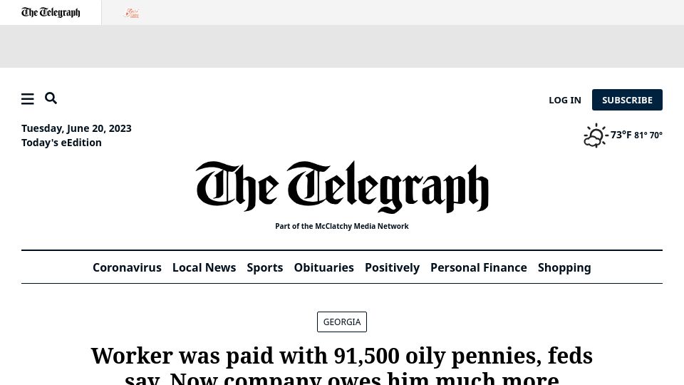Screenshot of macon.com: Worker was paid with 91,500 oily pennies: feds. Now company owes him much more