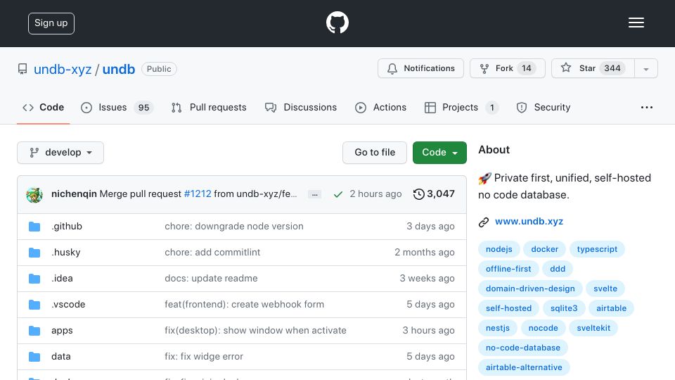 Screenshot of github.com: Undb – Private first, unified, self-hosted no code database