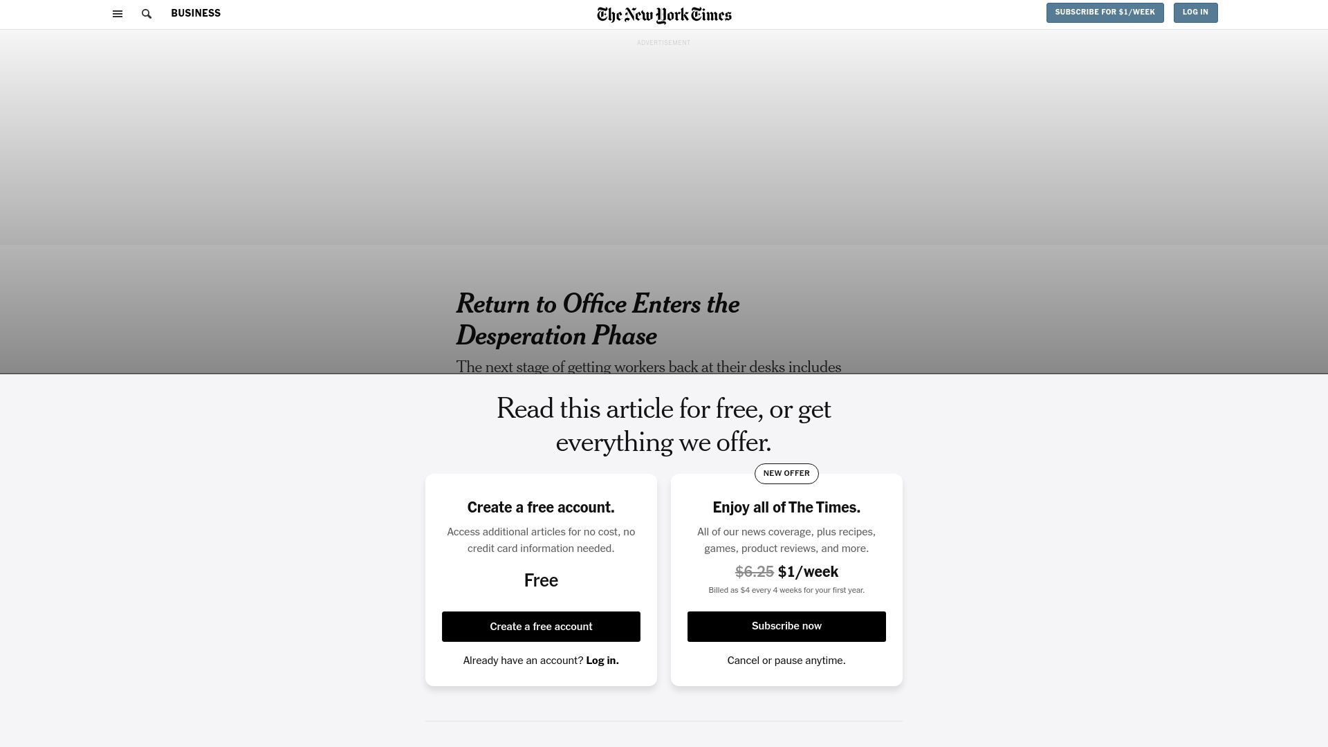 Screenshot of nytimes.com: Return to Office Enters the Desperation Phase