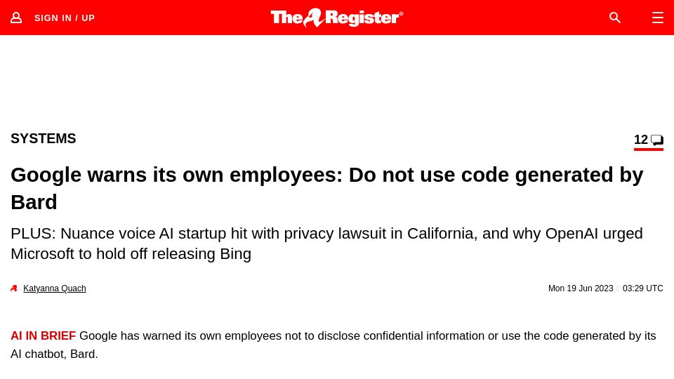 Screenshot of theregister.com: Google warns its own employees: Do not use code generated by Bard