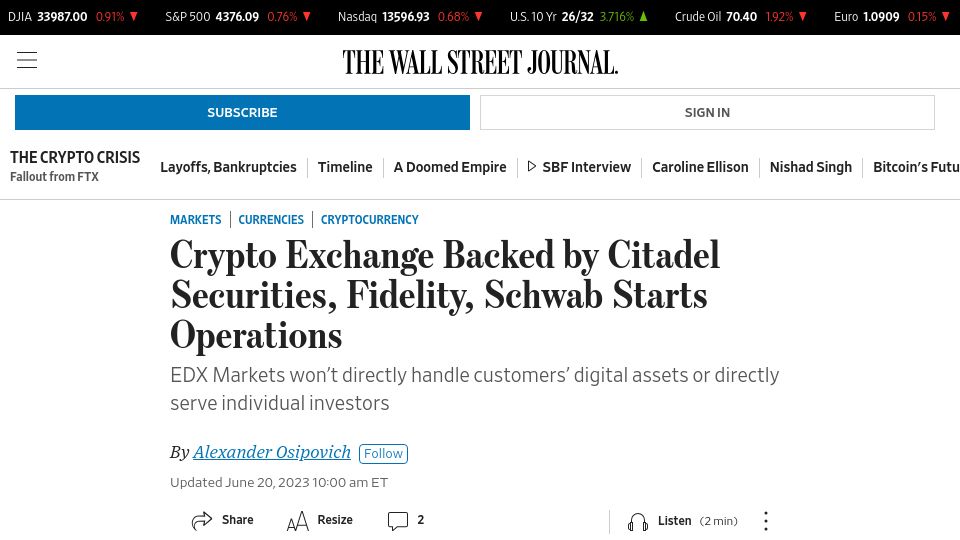 Screenshot of wsj.com: Crypto Exchange Backed by Citadel Securities, Fidelity, Schwab Starts Operations