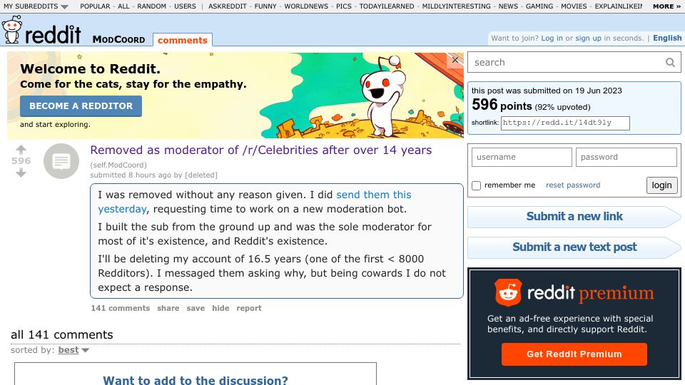 Screenshot of old.reddit.com: Removed as moderator of /r/Celebrities after over 14 years