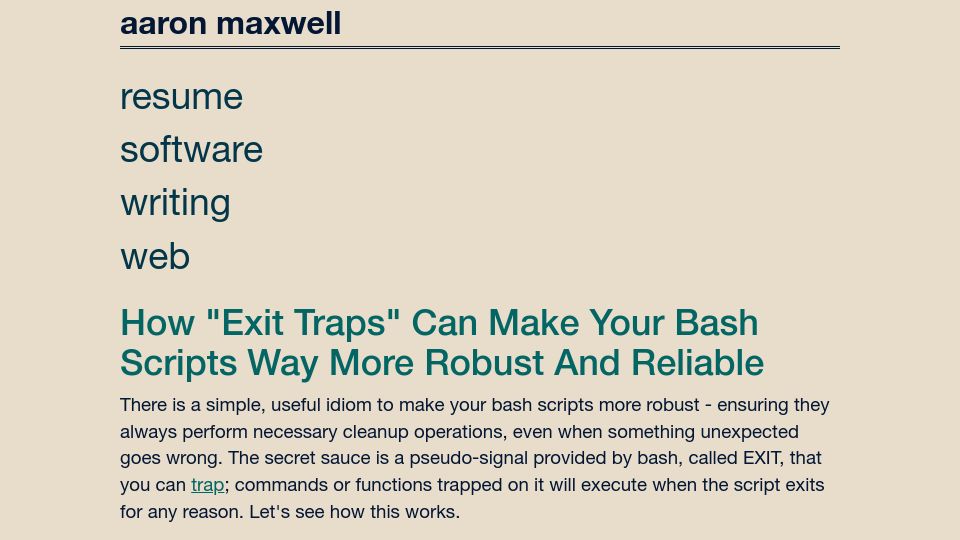 Screenshot of redsymbol.net: “Exit traps” can make your Bash scripts more robust and reliable (2013)