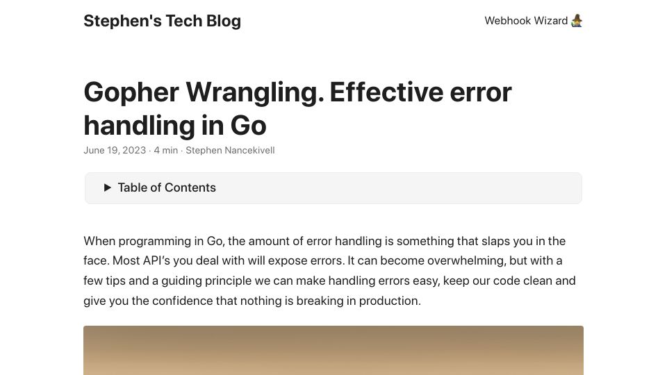 Screenshot of stephenn.com: Gopher Wrangling: Effective error handling in Go