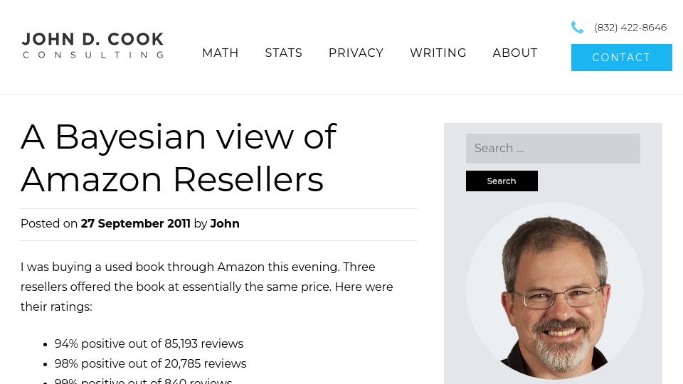 Screenshot of johndcook.com: A Bayesian view of Amazon resellers (2011)