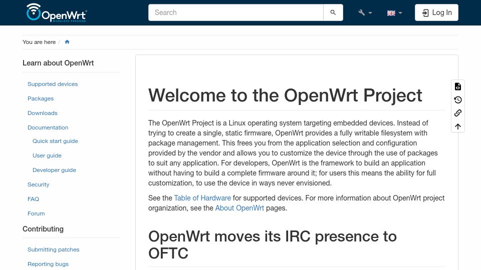 Screenshot of openwrt.org: OpenWrt Project: a Linux operating system targeting embedded devices