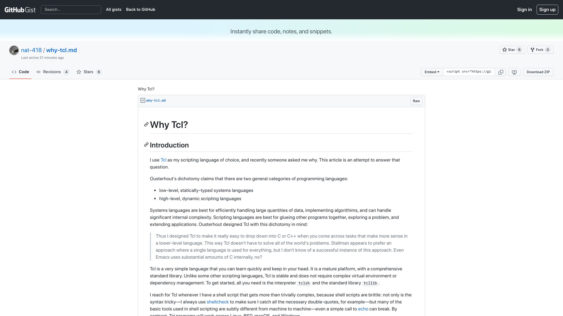 Screenshot of gist.github.com: Why Tcl?