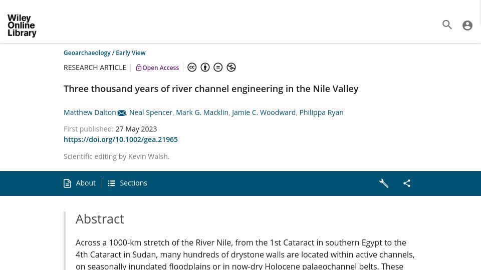 Screenshot of onlinelibrary.wiley.com: Three thousand years of river channel engineering in the Nile Valley