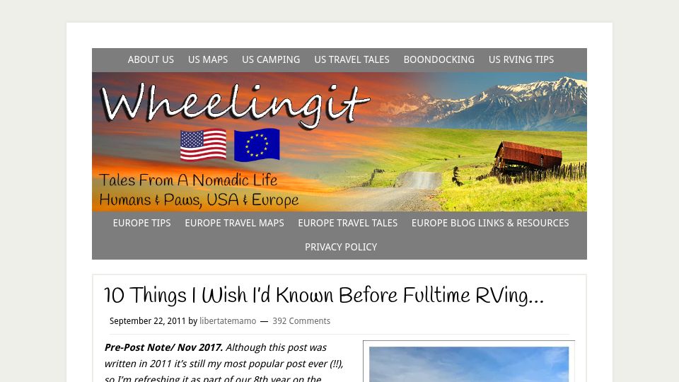 Screenshot of wheelingit.us: Things I wish I’d known before fulltime RVing (2017)