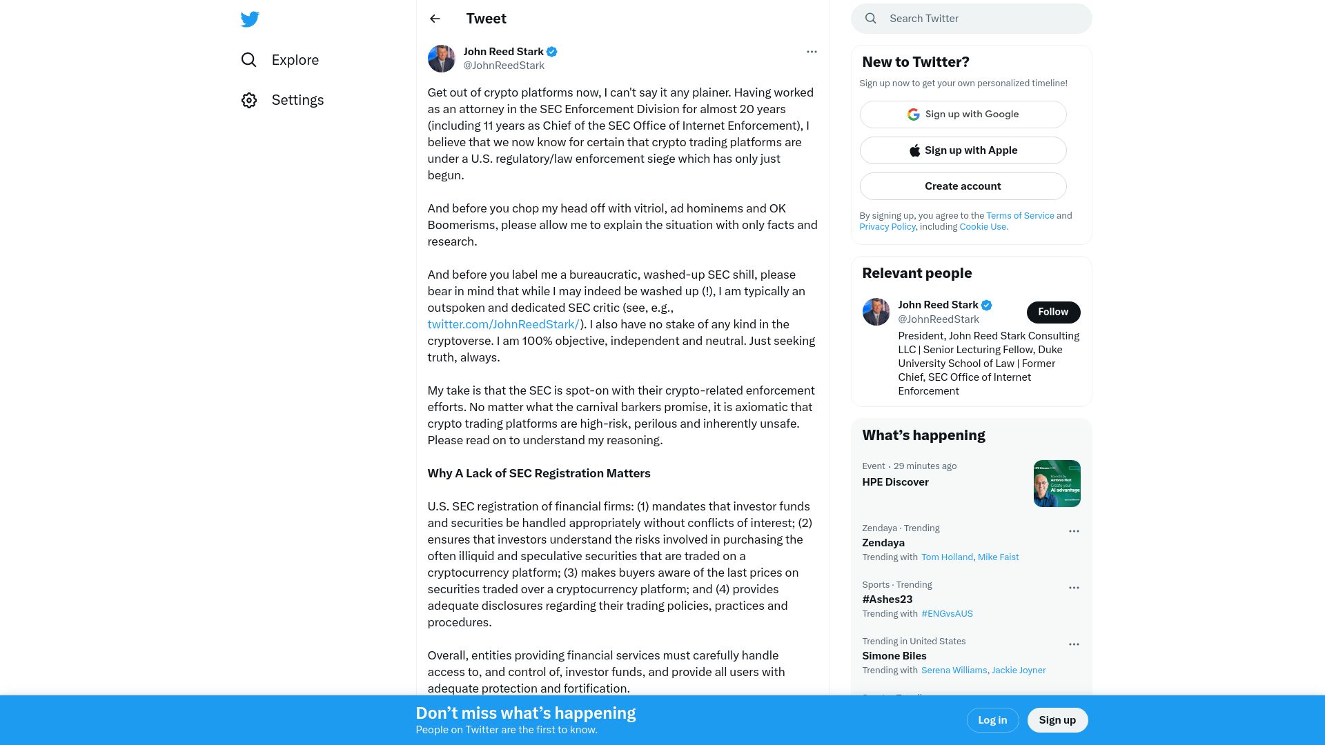 Screenshot of twitter.com: Former US SEC attorney: 'Get out of crypto platforms now'
