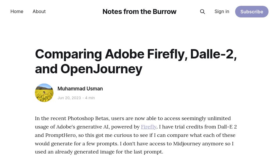 Screenshot of blog.usmanity.com: Comparing Adobe Firefly, Dalle-2, and OpenJourney