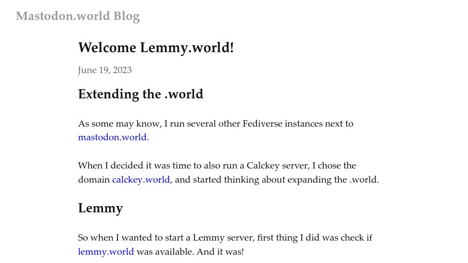 Screenshot of blog.mastodon.world: Welcome Lemmy.world