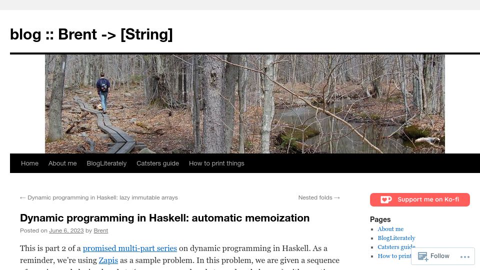 Screenshot of byorgey.wordpress.com: Dynamic programming in Haskell: automatic memoization