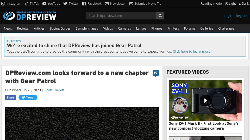 Screenshot of dpreview.com: Gear Patrol has acquired DPReview