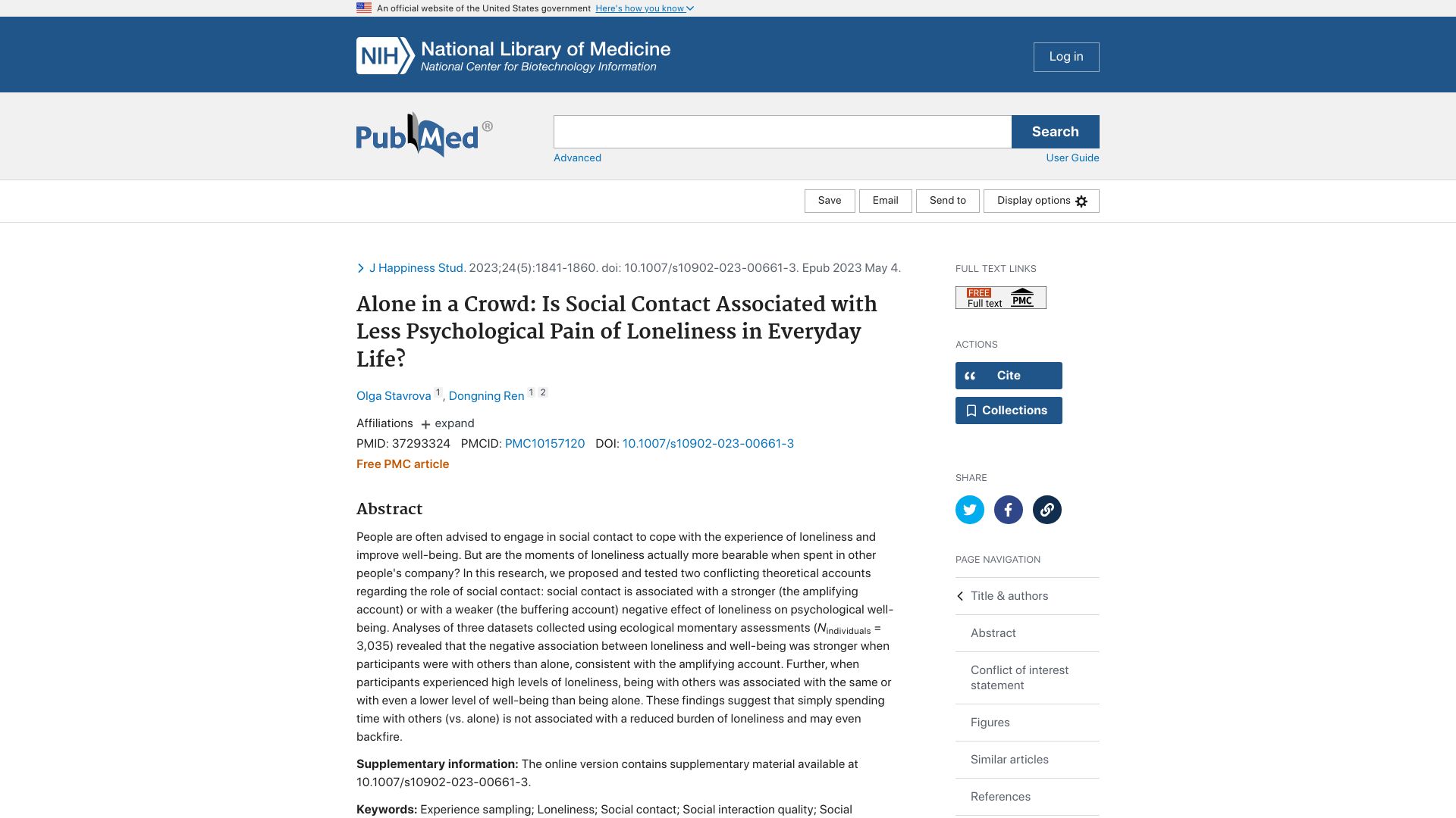 Screenshot of pubmed.ncbi.nlm.nih.gov: Loneliness is stronger when not alone