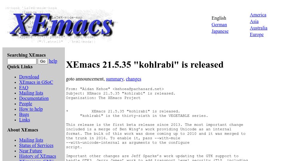 Screenshot of xemacs.org: XEmacs 21.5.35 “kohlrabi” is released