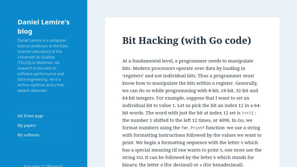Screenshot of lemire.me: Bit Hacking (with Go code)