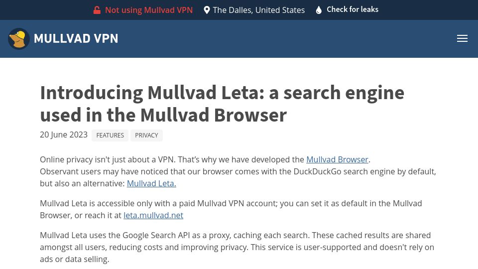 Screenshot of mullvad.net: Mullvad Leta: A search engine used in the Mullvad Browser