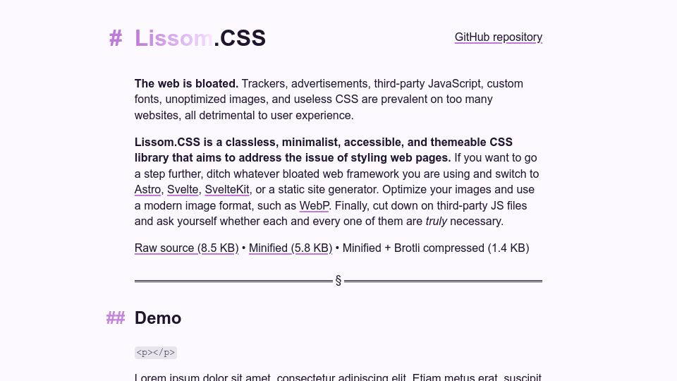 Screenshot of lissomware.github.io: Show HN: Lissom.CSS - A classless, minimalist, and themeable CSS library