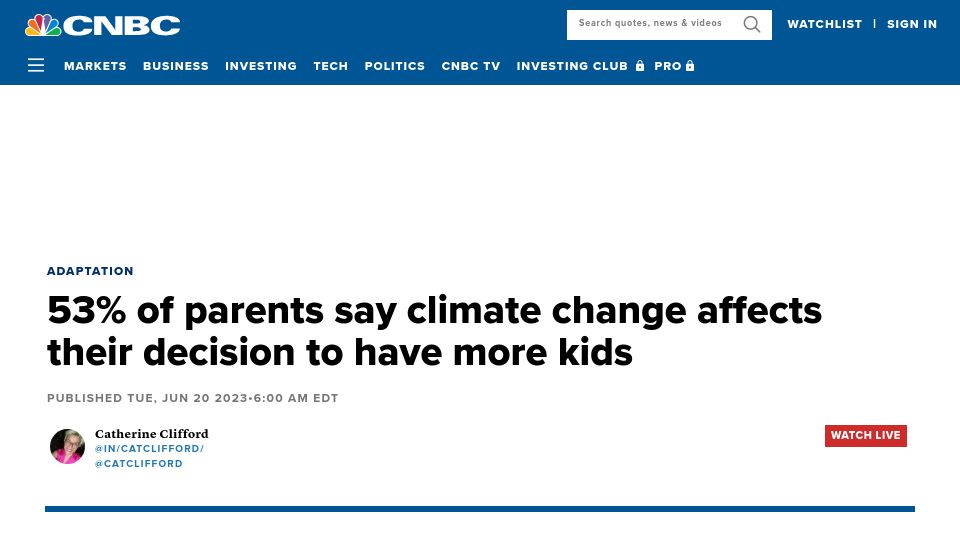 Screenshot of cnbc.com: 53% of parents say climate change affects their decision to have more kids