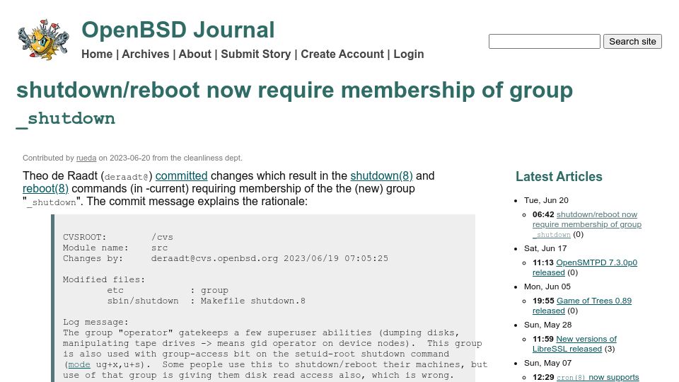 Screenshot of undeadly.org: OpenBSD: Shutdown/reboot now require membership of group _shutdown
