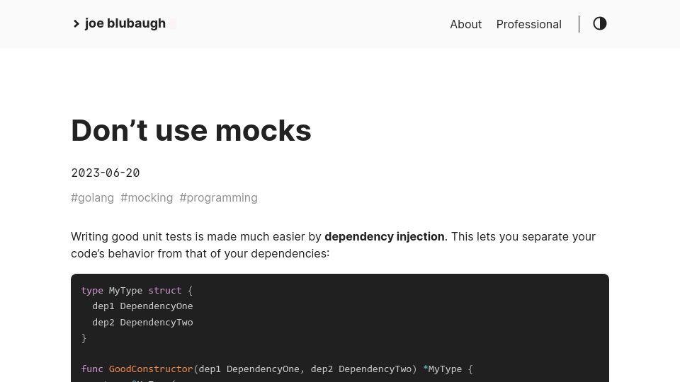 Screenshot of joeblu.com: Don't Use Mocks