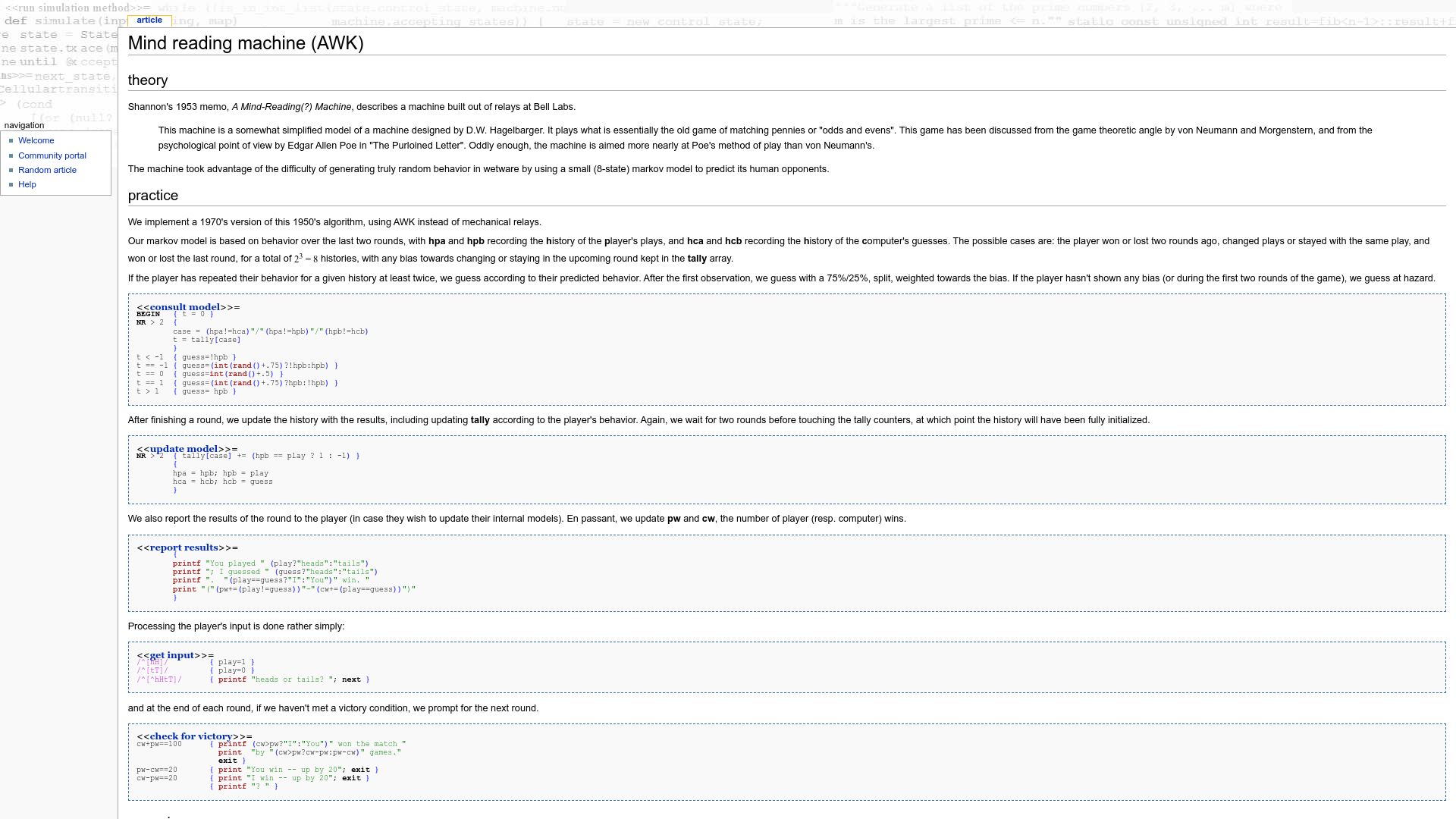 Screenshot of literateprograms.org: Shannon's Mind-Reading Machine