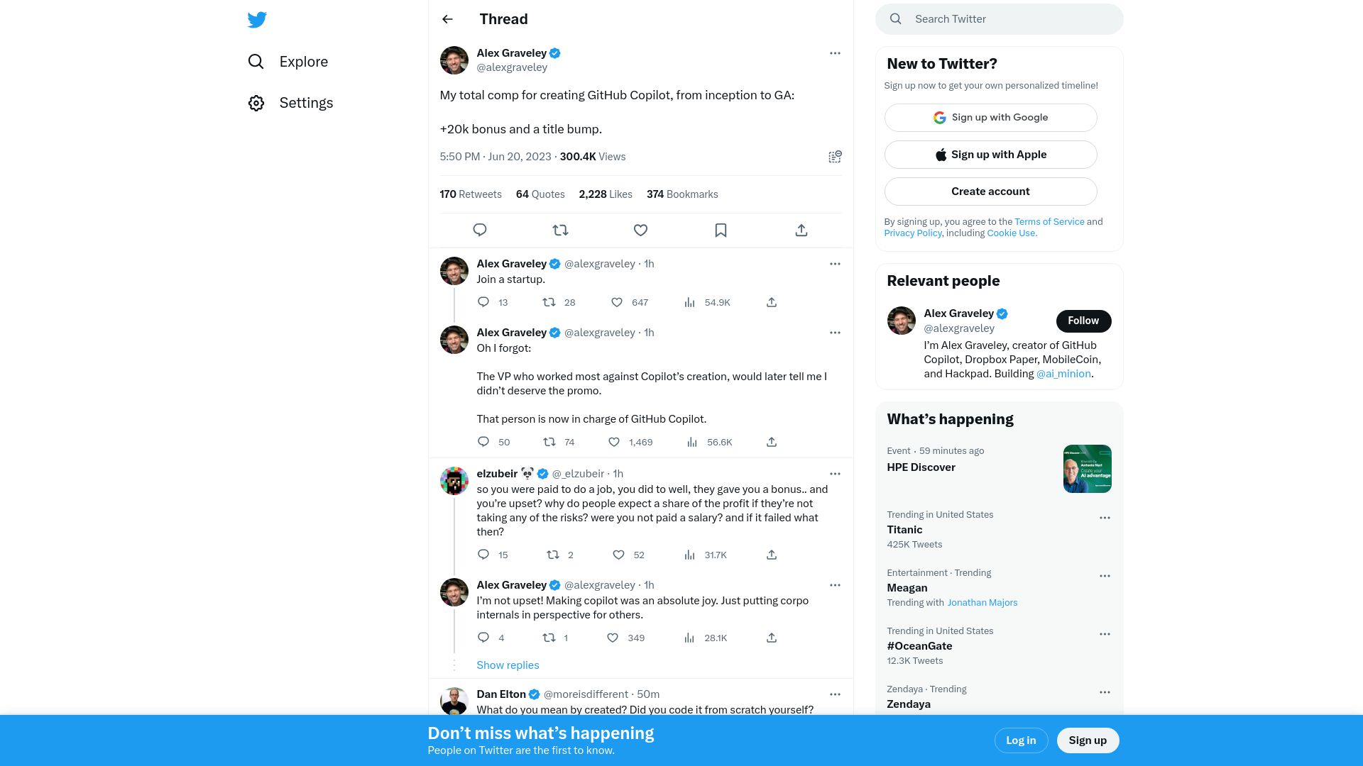 Screenshot of twitter.com: My total comp for creating GitHub Copilot