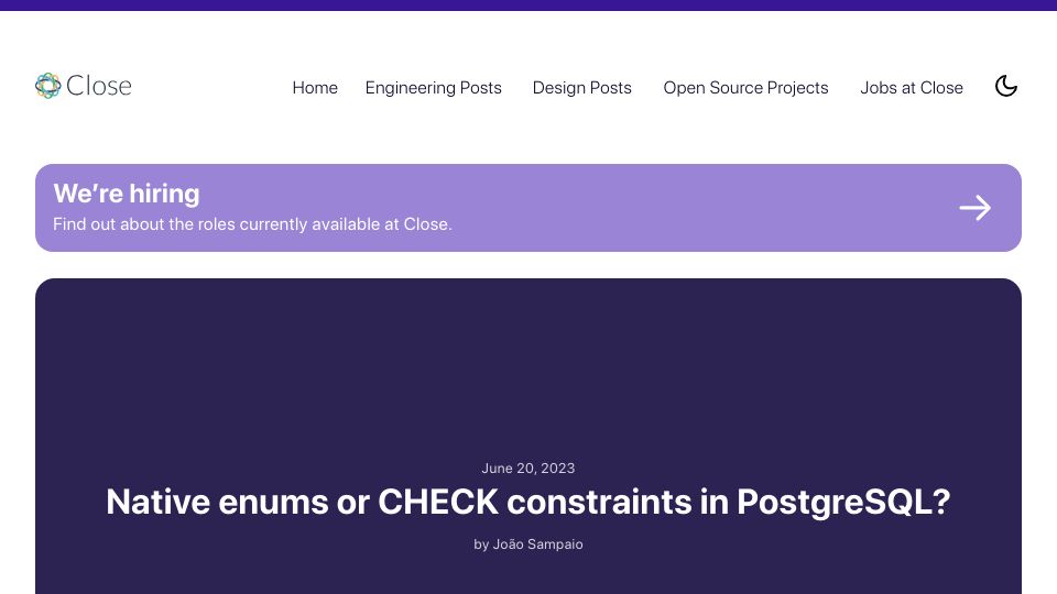 Screenshot of making.close.com: Representing Enums in PostgreSQL