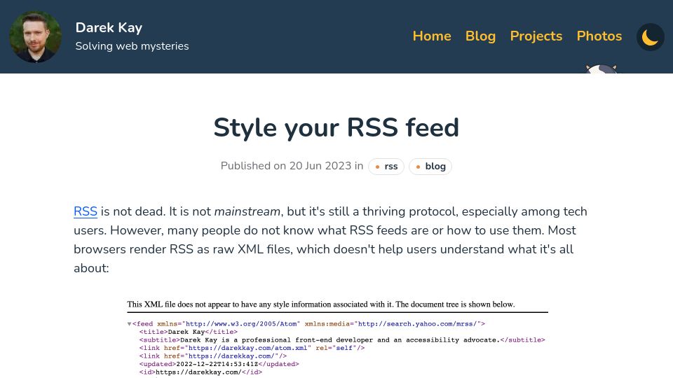Screenshot of darekkay.com: Style your RSS feed