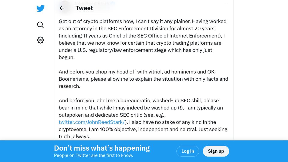 Screenshot of twitter.com: Former US SEC attorney: 'Get out of crypto platforms now'