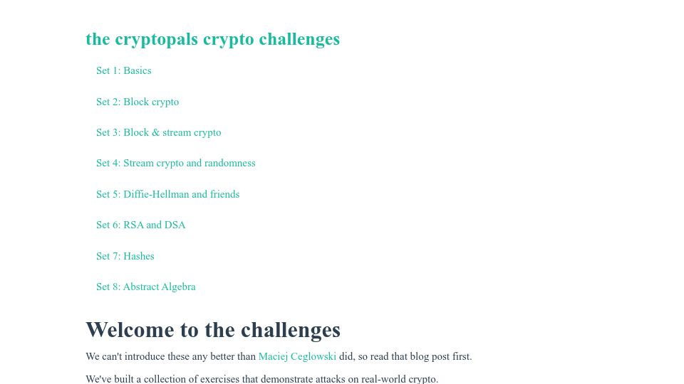Screenshot of cryptopals.com: The Matasano crypto challenges (2014)