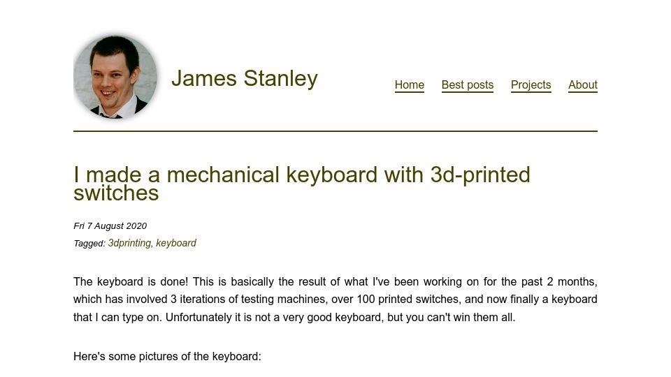 Screenshot of incoherency.co.uk: I made a mechanical keyboard with 3D-printed switches (2020)