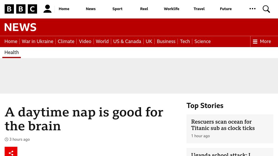 Screenshot of bbc.com: A daytime nap is good for the brain