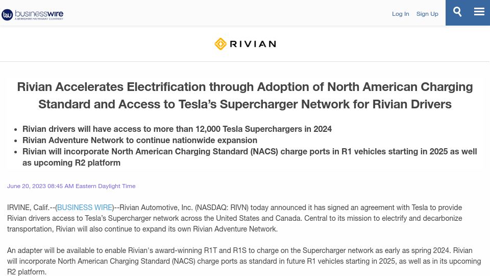 Screenshot of businesswire.com: Rivian Adopts NACS and Access to Tesla’s Supercharger Network for Rivian Drivers