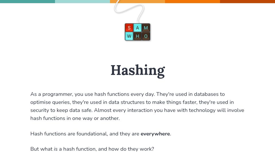 Screenshot of samwho.dev: Hashing