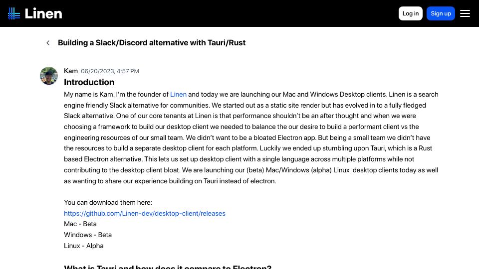 Screenshot of linen.dev: Building a Slack/Discord alternative with Tauri/Rust